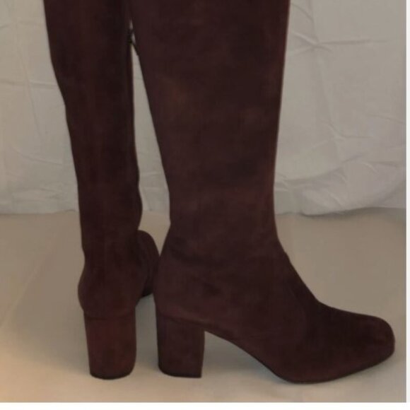 37.5/7❤️SAINT LAURENT Burgundy SUEDE Leather Low Heel OVER THE KNEE Tall BOOTS - Picture 1 of 11